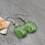Hawaiian Jewelry Sea Glass Earrings, Wire Wrapped Peridot Green Earrings, Sea Glass Jewelry Birthday Gift (August Birthstone Jewelry)