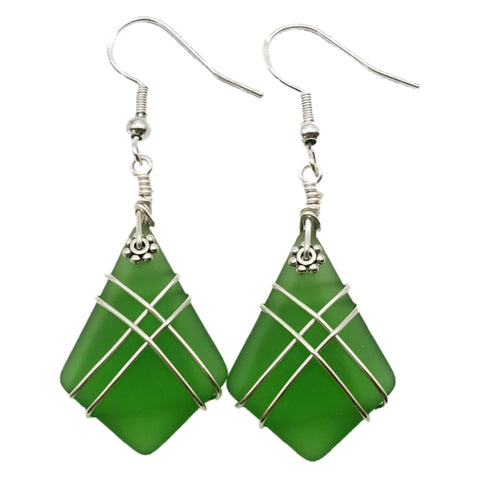 Hawaiian Jewelry Sea Glass Earrings, Wire Cross Emerald Green Earrings, Beach Sea Glass Jewelry Unique Earrings(May Birthstone Jewelry Gift)