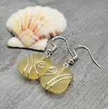 Hawaiian Jewelry Sea Glass Earrings, Wire Wrapped Yellow Earrings, Sea Glass Jewelry Birthday Gift (November Birthstone Jewelry)