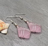 Hawaiian Jewelry Sea Glass Earrings, Wire Cross Pink Earrings, Beach Sea Glass Jewelry Unique Earrings (October Birthstone Jewelry Gift)