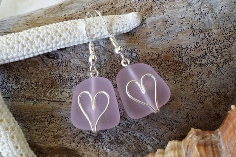 Hawaiian Jewelry Sea Glass Earrings, Wire Heart Earrigns Pink Earrings, Sea Glass Jewelry Beach Jewelry Birthday Gift (October Birthstone)