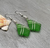 Hawaiian Jewelry Sea Glass Earrings, Wire Cross Emerald Green Earrings, Beach Sea Glass Jewelry Unique Earrings(May Birthstone Jewelry Gift)