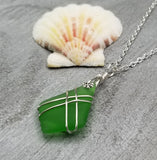 Hawaiian Jewelry Sea Glass Necklace, Wire Cross Necklace Emerald Green Necklace, Unique Beach Jewelry (May Birthstone Jewelry)