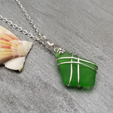 Hawaiian Jewelry Sea Glass Necklace, Wire Cross Necklace Emerald Green Necklace, Unique Beach Jewelry (May Birthstone Jewelry)
