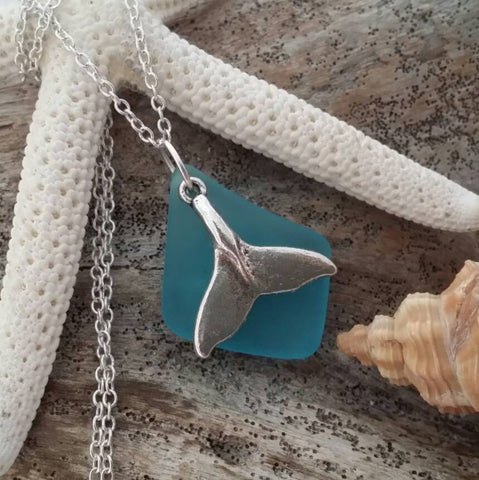 Handmade in Hawaii, Blue sea glass necklace,Whole tail  charm. gift box, Mother's Day Gifts.sea glass jewelry
