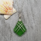 Hawaiian Jewelry Sea Glass Necklace, Wire Cross Necklace Emerald Green Necklace, Unique Beach Jewelry (May Birthstone Jewelry)