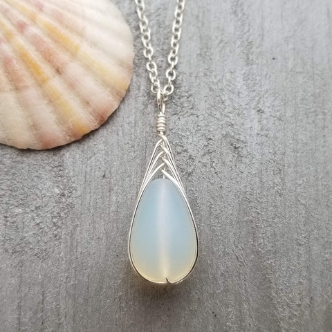 Hawaiian Jewelry Sea Glass Necklace, Braided Moonstone Necklace Teardrop Necklace, Beach Jewelry For Women Birthday Gift (June Birthstone)