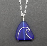Hawaiian Jewelry Sea Glass Necklace, Wire Wave Cobalt Necklace, Sea Glass Jewelry For Women, Beach Jewelry, (September Birthstone Jewelry)
