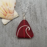 Hawaiian Jewelry Sea Glass Necklace, Wire Wave Red Necklace, Sea Glass Jewelry For Women, Beach Jewelry, (January Birthstone Jewelry)