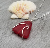 Hawaiian Jewelry Sea Glass Necklace, Wire Wave Ruby Red Necklace, Sea Glass Jewelry For Women, Beach Jewelry, (July Birthstone Jewelry)