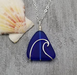 Hawaiian Jewelry Sea Glass Necklace, Wire Wave Cobalt Necklace, Sea Glass Jewelry For Women, Beach Jewelry, (September Birthstone Jewelry)