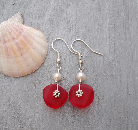 Hawaiian Jewelry Sea Glass Earrings, Light Weight Ruby Red Earrings, Pearl Sea Glass Jewelry Beach Jewelry Birthday Gift (July Birthstone)