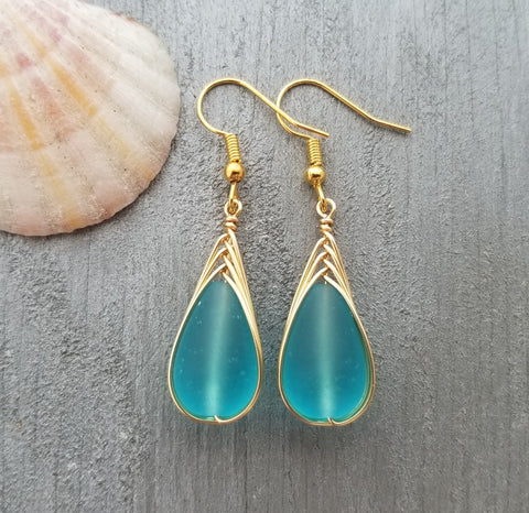 Hawaiian Jewelry Sea Glass Earrings, Gold Braided Turquoise Earrings Blue Earrings, Beach Jewelry For Women (December Birthstone Jewelry)