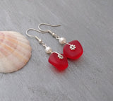 Hawaiian Jewelry Sea Glass Earrings, Light Weight Ruby Red Earrings, Pearl Sea Glass Jewelry Beach Jewelry Birthday Gift (July Birthstone)