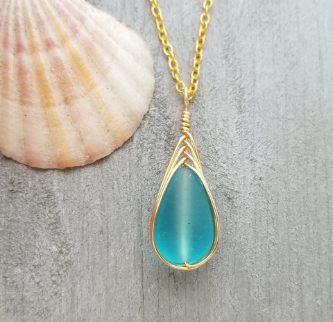 Hawaiian Jewelry Sea Glass Necklace, Gold Braided Turquoise Necklace Blue Necklace, Beach Jewelry Birthday Gift(December Birthstone Jewelry)