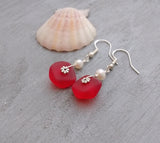 Hawaiian Jewelry Sea Glass Earrings, Light Weight Ruby Red Earrings, Pearl Sea Glass Jewelry Beach Jewelry Birthday Gift (July Birthstone)