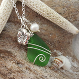 Hawaiian Jewelry Sea Glass Necklace, Wire Emerald Necklace Green Necklace, Hibiscus Pearl Necklace, Seaglass Jewelry(May Birthstone Jewelry)