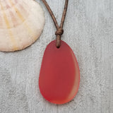 Hawaiian Jewelry "Sunset" Sea Glass Necklace, Red Necklace Leather Cord Necklace, Sea Glass Jewelry Beach Jewelry (January Birthstone Gift)