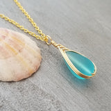 Hawaiian Jewelry Sea Glass Necklace, Gold Braided Turquoise Necklace Blue Necklace, Beach Jewelry Birthday Gift(December Birthstone Jewelry)