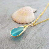 Hawaiian Jewelry Sea Glass Necklace, Gold Braided Turquoise Necklace Blue Necklace, Beach Jewelry Birthday Gift(December Birthstone Jewelry)