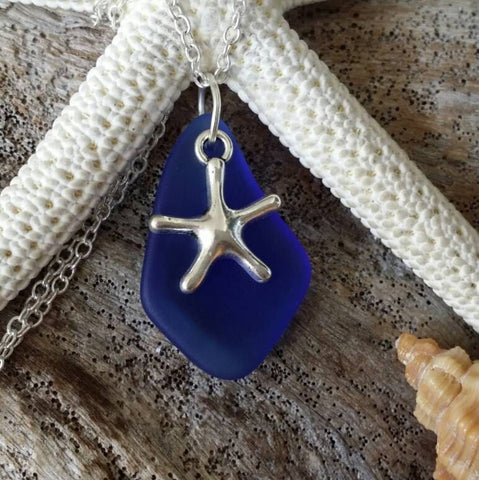 Handmade in Hawaii, Cobalt blue sea glass necklace, Starfish  charm,    "September Birthstone", Birthday gift