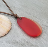 Hawaiian Jewelry "Sunset" Sea Glass Necklace, Red Necklace Leather Cord Necklace, Sea Glass Jewelry Beach Jewelry (January Birthstone Gift)