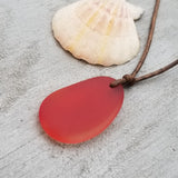 Hawaiian Jewelry "Sunset" Sea Glass Necklace, Red Necklace Leather Cord Necklace, Sea Glass Jewelry Beach Jewelry (January Birthstone Gift)