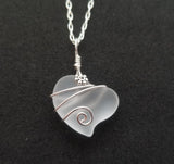 Hawaiian Jewelry Sea Glass Necklace, Wire Heart Necklace Crystal Necklace, Sea Glass Beach Jewelry, Birthday Gift (April Birthstone Jewelry)