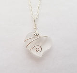 Hawaiian Jewelry Sea Glass Necklace, Wire Heart Necklace Crystal Necklace, Sea Glass Beach Jewelry, Birthday Gift (April Birthstone Jewelry)