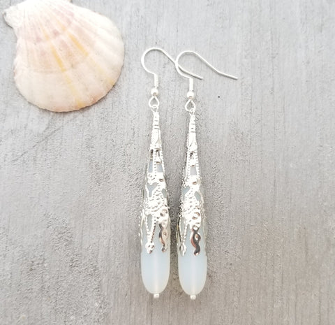 Hawaiian Jewelry Sea Glass Earrings, Long Teardrop Earrings Moonstone Earrings, Sea Glass Jewelry Birthday Gift (June Birthstone Jewelry)