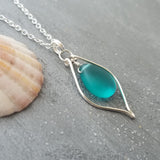 Hawaiian Jewelry Sea Glass Necklace, Wire Loop Teal Necklace Leather Cord Necklace Unique Necklace Beach Jewelry Sea Glass Jewelry For Women