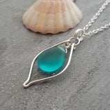 Hawaiian Jewelry Sea Glass Necklace, Wire Loop Teal Necklace Leather Cord Necklace Unique Necklace Beach Jewelry Sea Glass Jewelry For Women