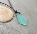 Handmade in Hawaii, leather cord unisex Puff Aqua sea glass necklace, unisex jewelry, (Hawaii Gift Wrapped, Customizable Gift Message)…