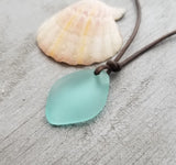 Handmade in Hawaii, leather cord unisex Puff Aqua sea glass necklace, unisex jewelry, (Hawaii Gift Wrapped, Customizable Gift Message)…