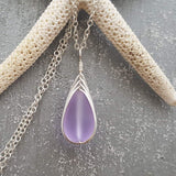 Hawaiian Jewelry Sea Glass Necklace, Braided "Magical Color Changing" Purple Necklace Teardrop Neckace, Beach Jewelry (February Birthstone)