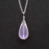 Hawaiian Jewelry Sea Glass Necklace, Braided "Magical Color Changing" Purple Necklace Teardrop Neckace, Beach Jewelry (February Birthstone)