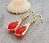 Hawaiian Jewelry Sea Glass Earrings, Gold Braided Ruby Red Earrings, Beach Jewelry For Women (July Birthstone Jewelry)