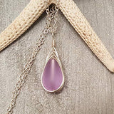 Hawaiian Jewelry Sea Glass Necklace, Braided "Magical Color Changing" Purple Necklace Teardrop Neckace, Beach Jewelry (February Birthstone)