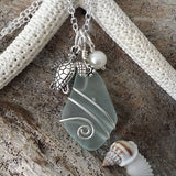 Hawaiian Jewelry Sea Glass Necklace, Wire Wrapped Seafoam Necklace, Pearl Turtle Necklace, Handmade Necklace Sea Glass Jewelry For Women