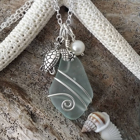 Hawaiian Jewelry Sea Glass Necklace, Wire Wrapped Seafoam Necklace, Pearl Turtle Necklace, Handmade Necklace Sea Glass Jewelry For Women