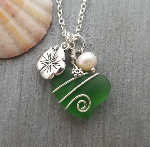 Hawaiian Jewelry Sea Glass Necklace, Wire Heart Necklace Emerald Necklace Green Necklace, Hibiscus Pearl Necklace (May Birthstone Jewelry)