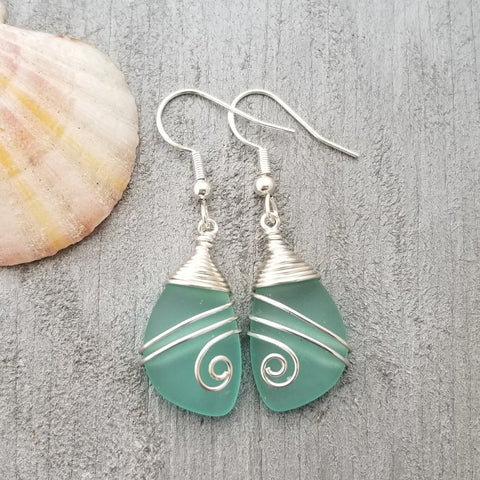 Handmade in Hawaii, TOP Wire wrapped Aqua  sea glass earrings, "Aqua Birthstone" (Hawaii Gift Wrapped, Customizable Gift Message)