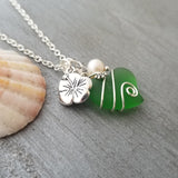 Hawaiian Jewelry Sea Glass Necklace, Wire Heart Necklace Emerald Necklace Green Necklace, Hibiscus Pearl Necklace (May Birthstone Jewelry)