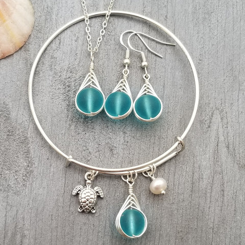 Handmade in Hawaii, Turquoise Bay blue wire Braided Small Round sea glass  necklace + earrings + bracelet set, "December Birthstone"