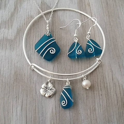Hawaiian Jewelry Sea Glass Set, Teal Wire Wrapped Necklace Earrings Bracelet Jewelry Set, Beachy Sea Glass Jewelry For Women Unique Jewelry