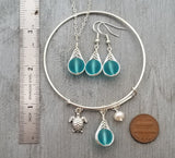 Handmade in Hawaii, Turquoise Bay blue wire Braided Small Round sea glass  necklace + earrings + bracelet set, "December Birthstone"