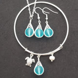 Handmade in Hawaii, Turquoise Bay blue wire Braided Small Round sea glass  necklace + earrings + bracelet set, "December Birthstone"