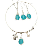 Handmade in Hawaii, Turquoise Bay blue wire Braided Small Round sea glass  necklace + earrings + bracelet set, "December Birthstone"