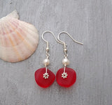 Hawaiian Jewelry Sea Glass Earrings, Wire Red Earrings Pearl Earrings, Sea Glass Jewelry Beach Jewelry (January Birthstone Jewelry Gift)