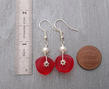 Hawaiian Jewelry Sea Glass Earrings, Wire Red Earrings Pearl Earrings, Sea Glass Jewelry Beach Jewelry (January Birthstone Jewelry Gift)